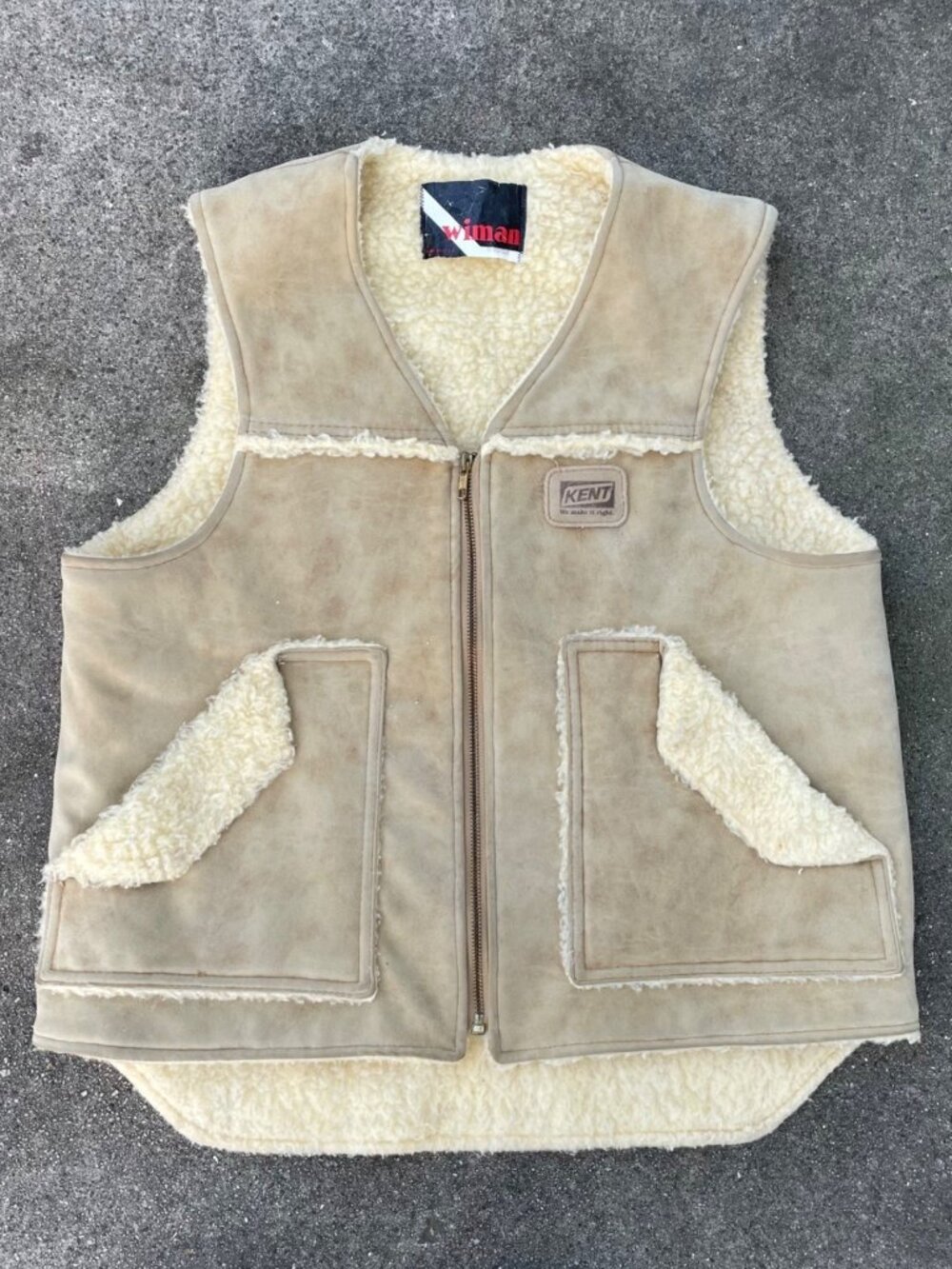 Vintage 70s Wiman KENT Vest Faux Shearling Suede Tan Mens M Gorpcore Workwear